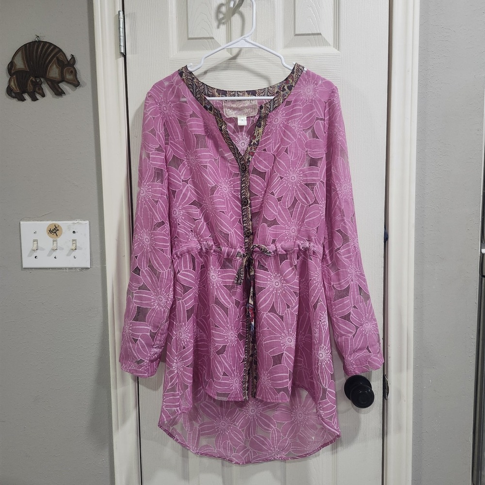 Nick & Mo Pink Floral Sheer Cover Up Tunic Dress Tie Waist Boho Beach S‎